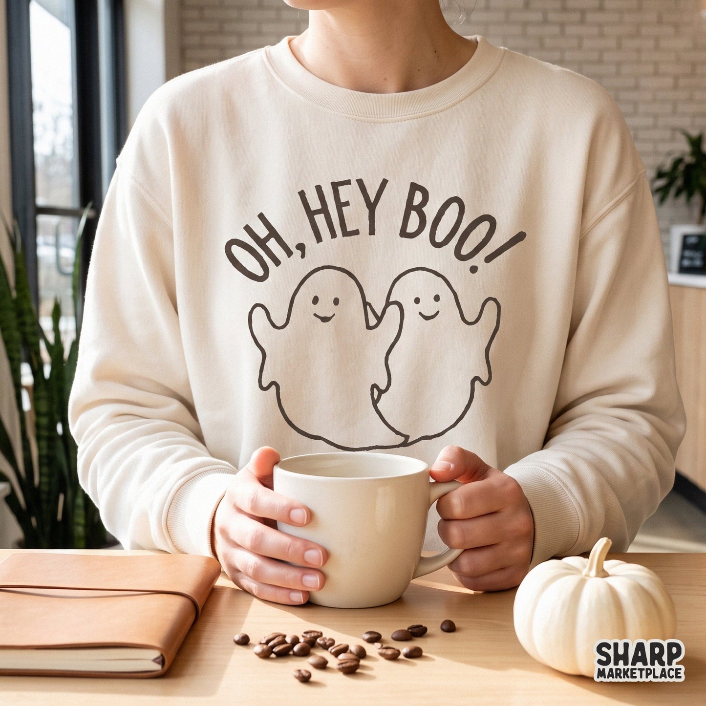 Cute ghosts with Oh Hey Boo text in a retro Halloween PNG design for trendy spooky season shirts and apparel items