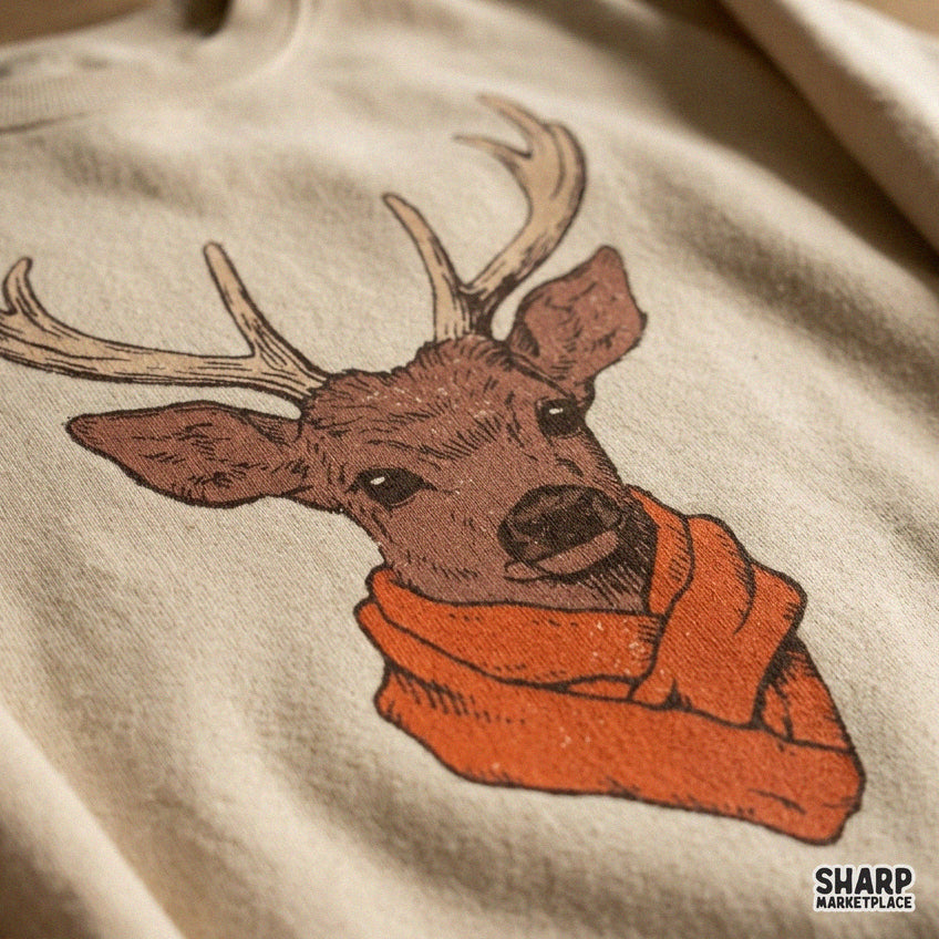 Whimsical Buck With Knitted Scarf in Antlers Fall PNG