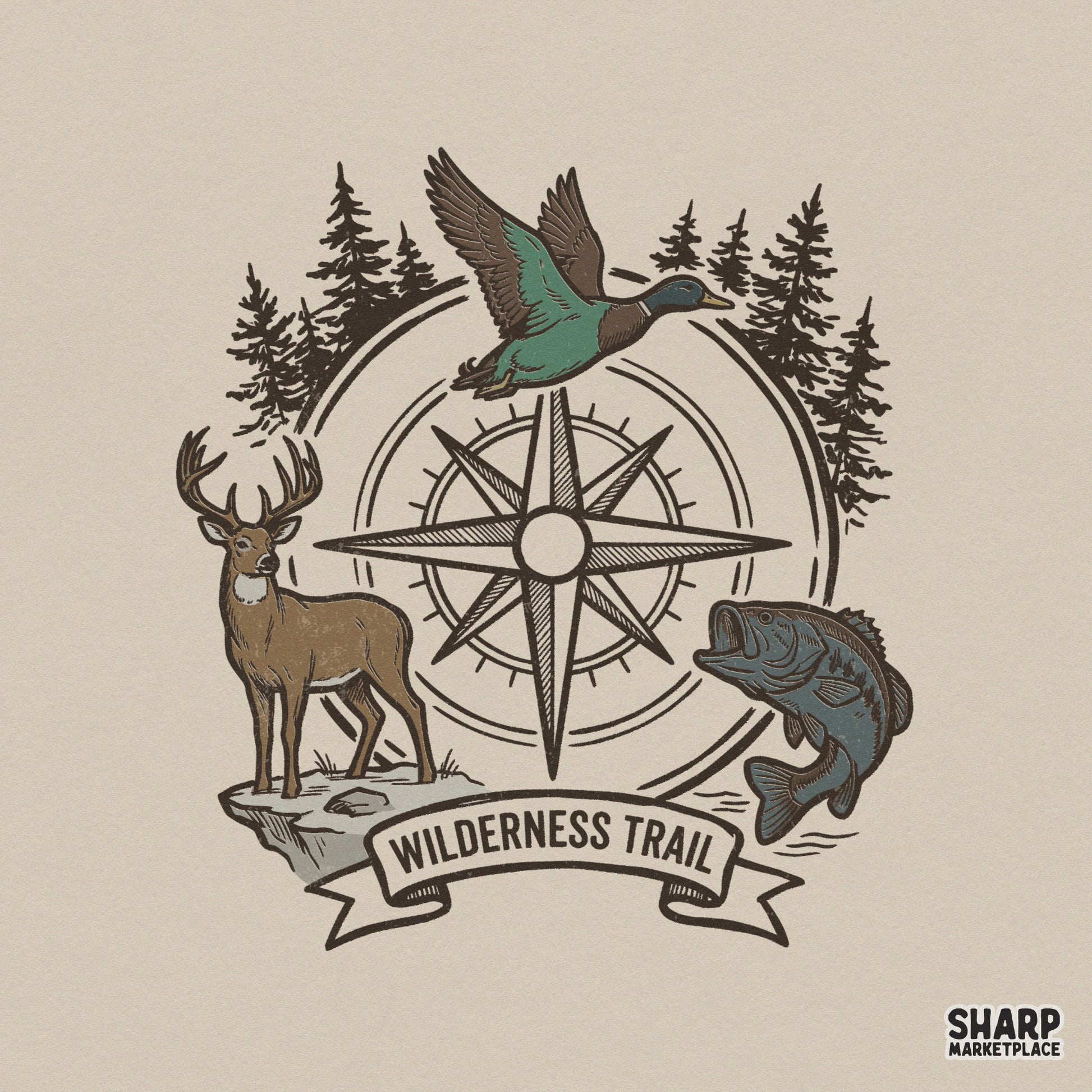 Rustic Wilderness Trail digital design featuring a vintage compass, a buck, a mallard duck, and a bass, perfect for outdoor apparel sublimation.