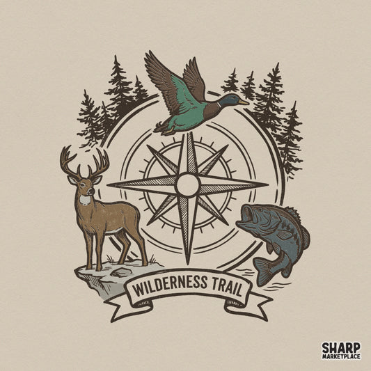 Rustic Wilderness Trail digital design featuring a vintage compass, a buck, a mallard duck, and a bass, perfect for outdoor apparel sublimation.