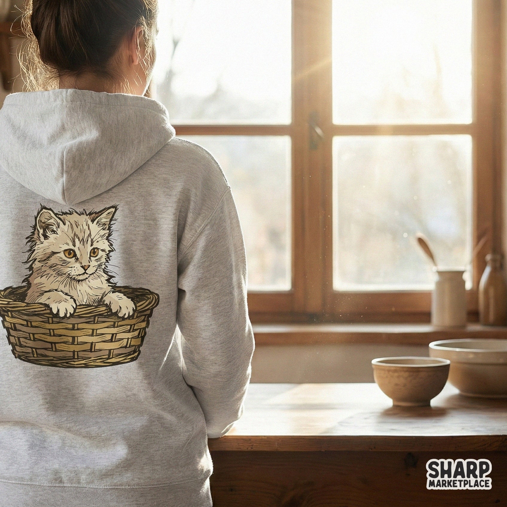 Vintage Kitten in Basket Shirt, Cute Fluffy Cat Illustration Tee for Pet