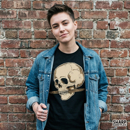 Grunge gothic skull holding a bone PNG graphic design for spooky season Halloween shirts and sublimation
