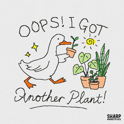 Whimsical goose gardener carrying a potted sprout with the text Oops! I Got Another Plant! in shaky typography, featuring stars and houseplants.