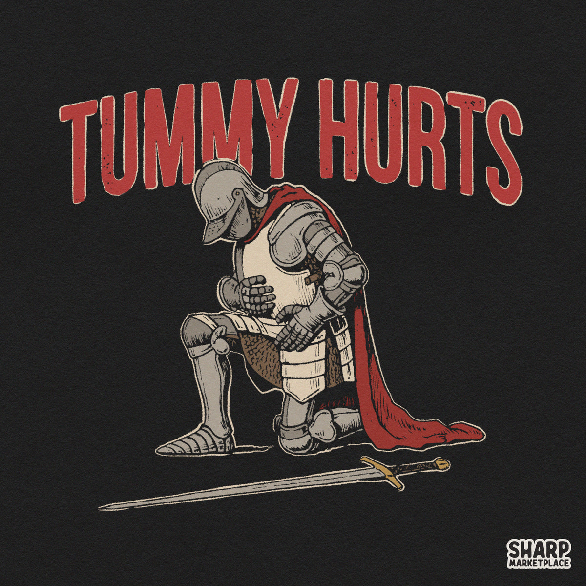 Funny knight leaning on sword meme design featuring retro sarcastic humor for t-shirt prints and tummy ache PNG graphics