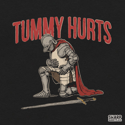 Funny knight leaning on sword meme design featuring retro sarcastic humor for t-shirt prints and tummy ache PNG graphics