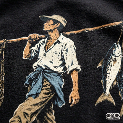 Retro fisherman carrying fresh catch in net with pole for vintage Father's Day sublimation PNG shirts