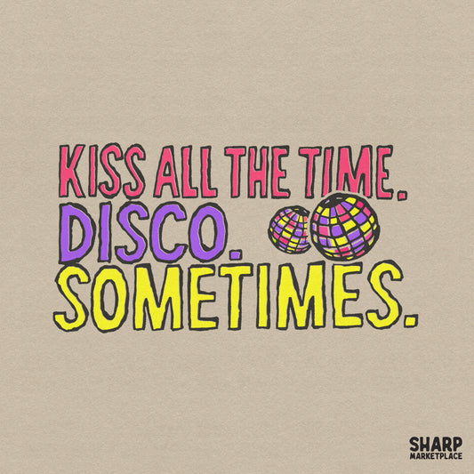 Retro typography design featuring the text Kiss All The Time Disco Sometimes in vibrant colors with two whimsical disco balls for DIY projects.