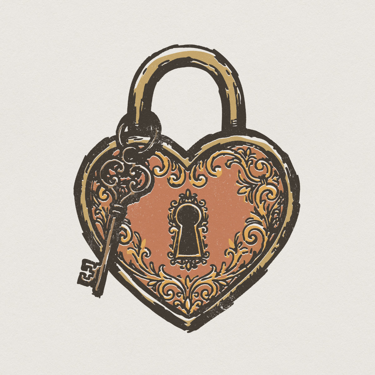 Ornate vintage heart padlock and skeleton key illustration with intricate floral flourishes, rustic terracotta and gold tones, transparent PNG design.
