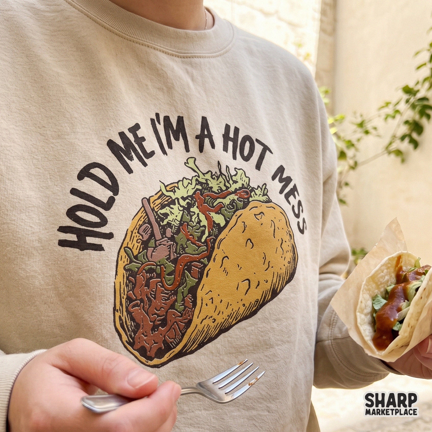 Hold Me I'm A Hot Mess retro sarcastic png for funny sublimation t-shirts and sassy taco lover gifts