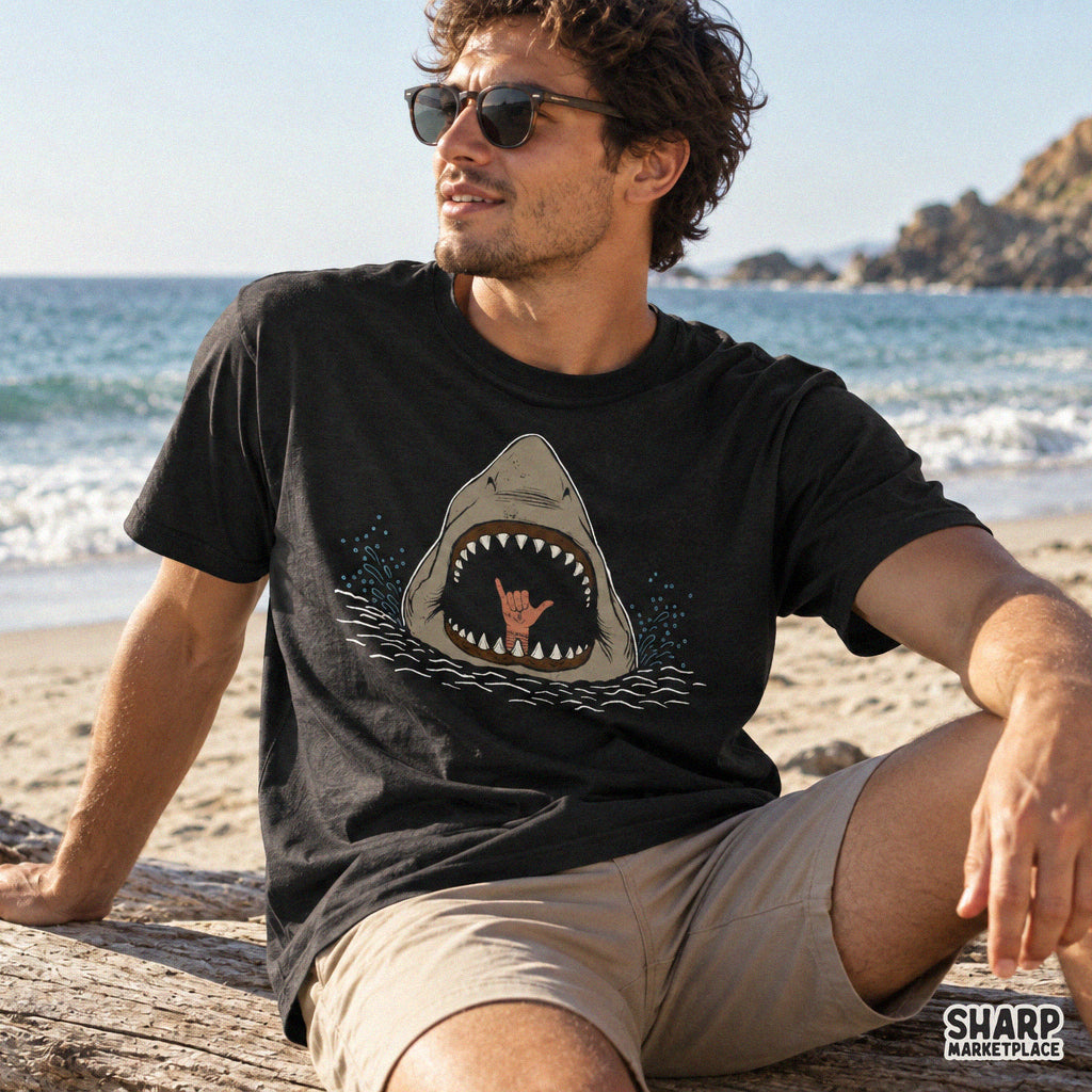 Funny great white shark making a shaka hang loose hand sign for summer beach shirts and tumbler wrap sublimation