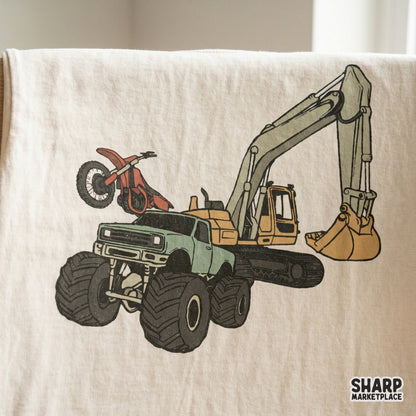 Monster truck excavator and dirt bike pile sublimation design for retro boys racing shirts