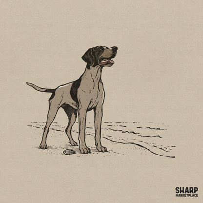Vintage sketch of a pointer dog standing on a sandy beach with a seashell, rendered in earthy tones for apparel printing.