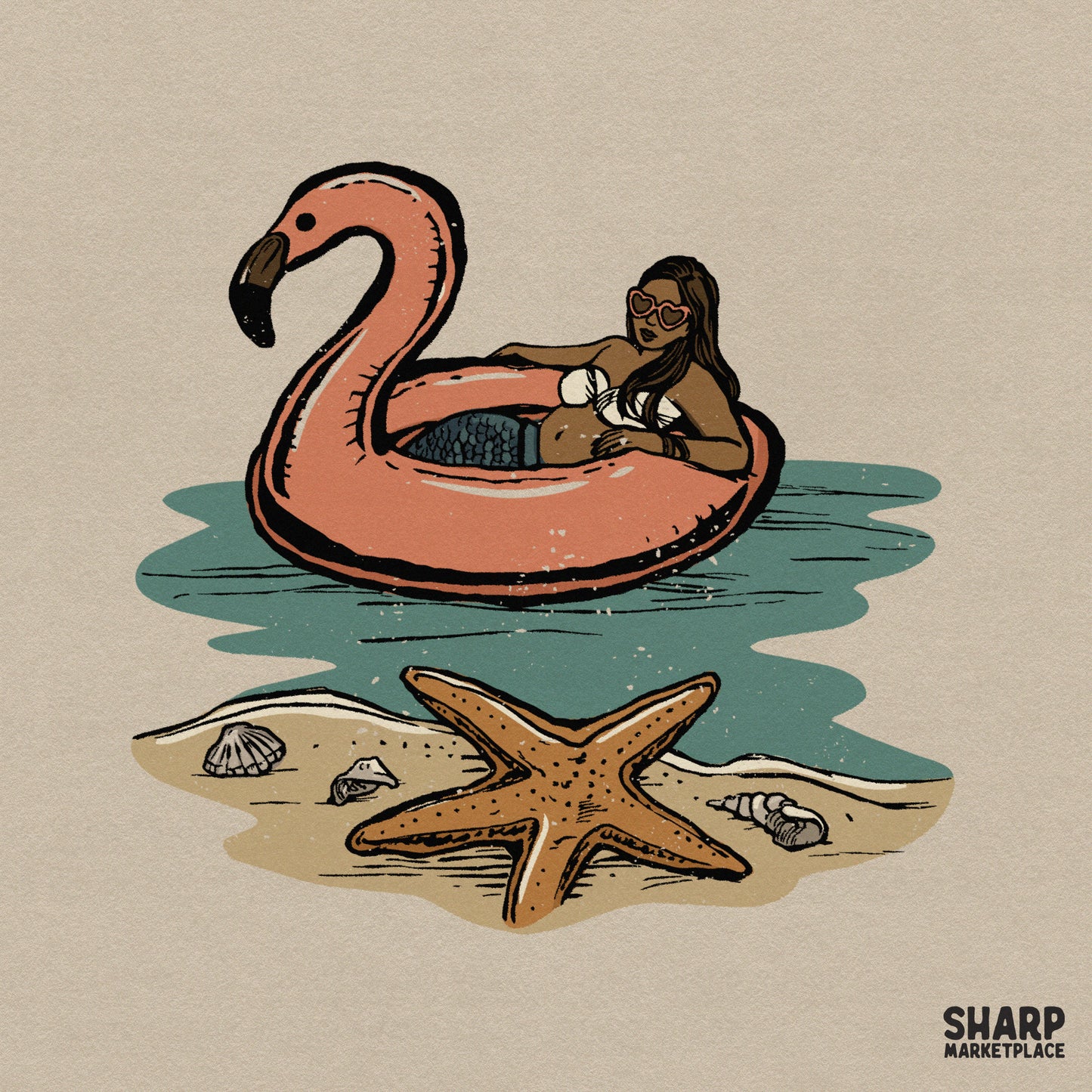 Retro black mermaid relaxing on a flamingo float for summer sublimation shirt designs