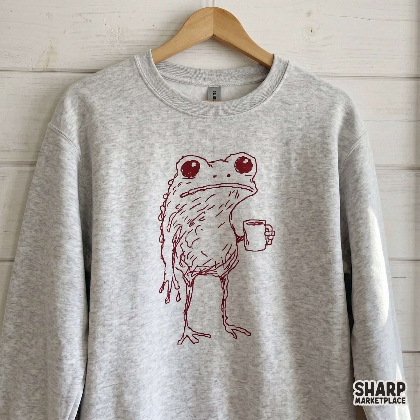 Sleepy Red Frog Holding Coffee Cup, Hand Drawn PNG Art - 300 DPI Design