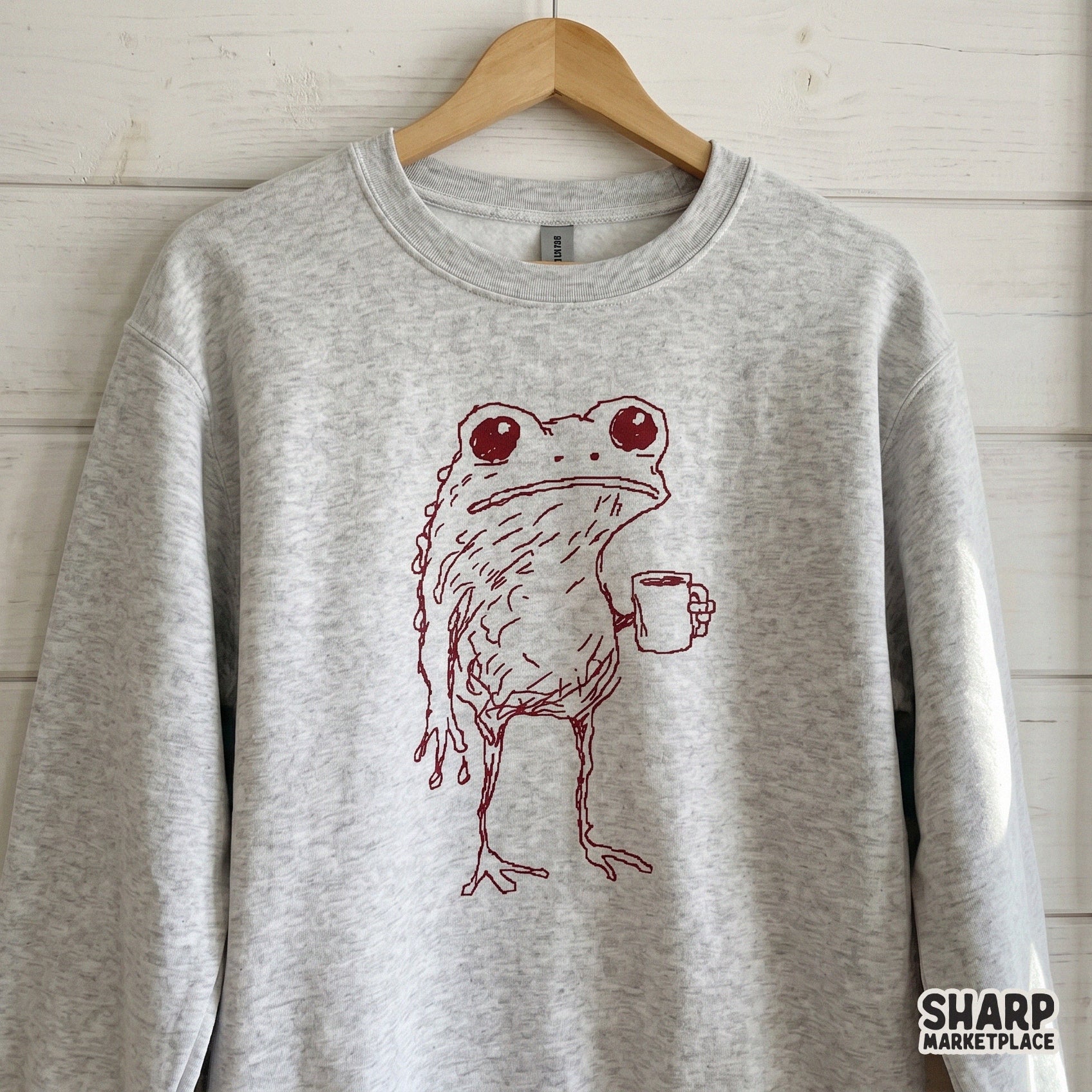 Sleepy Red Frog Holding Coffee Cup, Hand Drawn PNG Art - 300 DPI Design