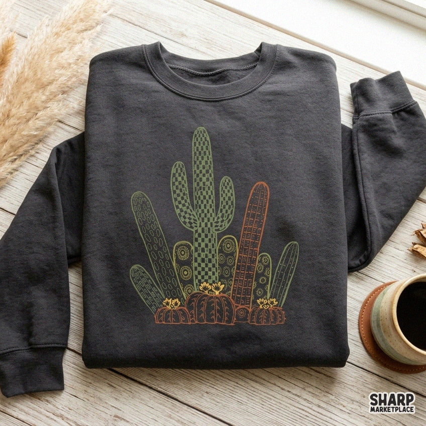 Vintage green desert cactus cluster PNG in a boho western botanical style for shirts and sublimation prints