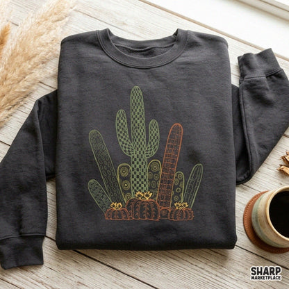 Vintage green desert cactus cluster PNG in a boho western botanical style for shirts and sublimation prints