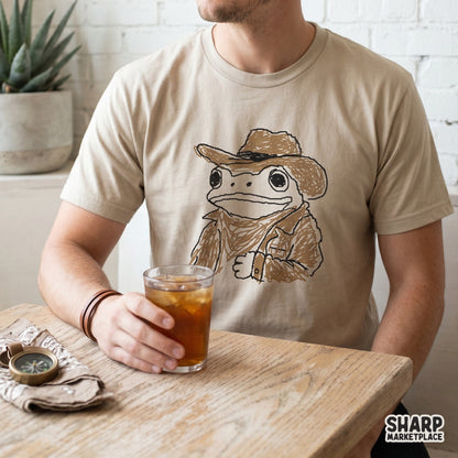 Playful ranch animal art featuring a frog dressed as a tiny sheriff with a cowboy hat, ideal for desert-themed stickers or vintage shirts.