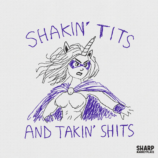 Hand-drawn purple sketch of a fierce unicorn superheroine with a cape and horn, featuring sarcastic text for adult-themed sublimation and apparel.