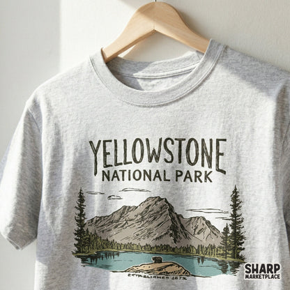 Sublimation PNG design of a serene mountain vista with a bear on a small island, perfect for printing on t-shirts, tumblers, or rustic wall art.