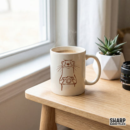 A warm brown monochromatic sketch of an otter with a camera, showcased as a digital design for printing on mugs, shirts, or wildlife-themed projects.