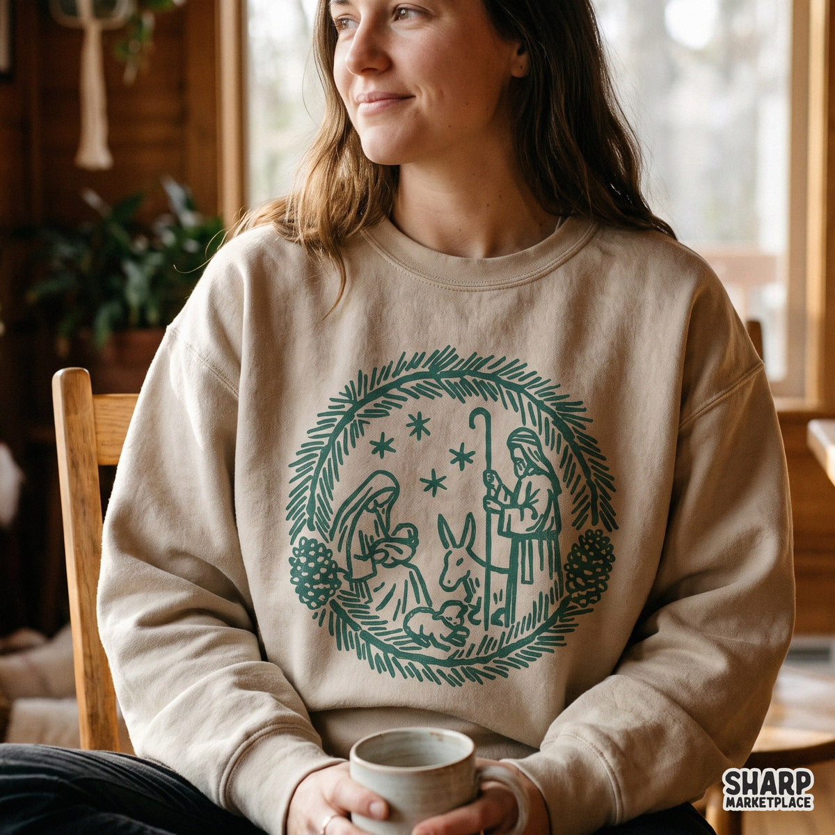 Vintage nativity scene pine wreath sublimation design featuring the holy family for Christian faith t-shirts