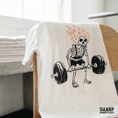 Retro style flaming skull weightlifter design in a scribbled art aesthetic, great for creating motivational gym gear and DIY apparel.