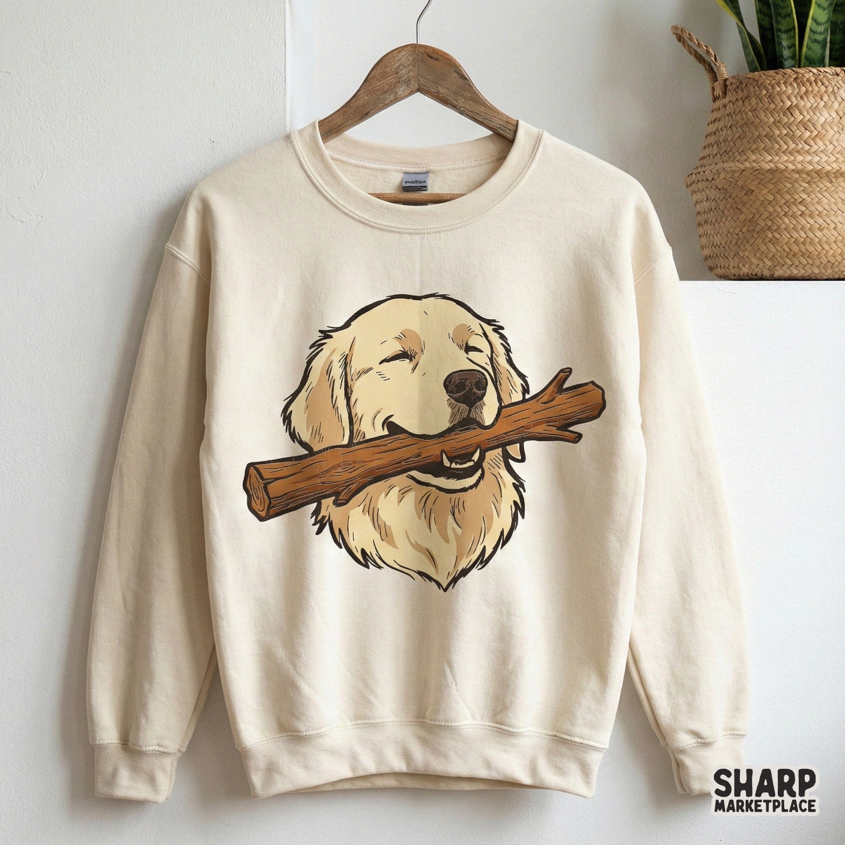 Golden Retriever With Stick PNG, Cute Dog Lover Shirt Design - 300 DPI