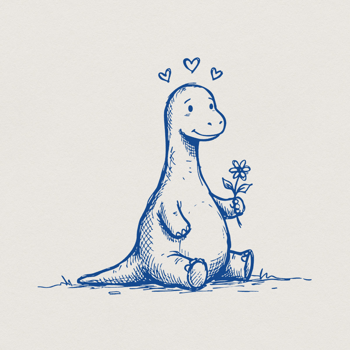 Blue line art illustration of a cute sitting dinosaur holding a flower with three small hearts floating above its head, perfect for kids apparel.