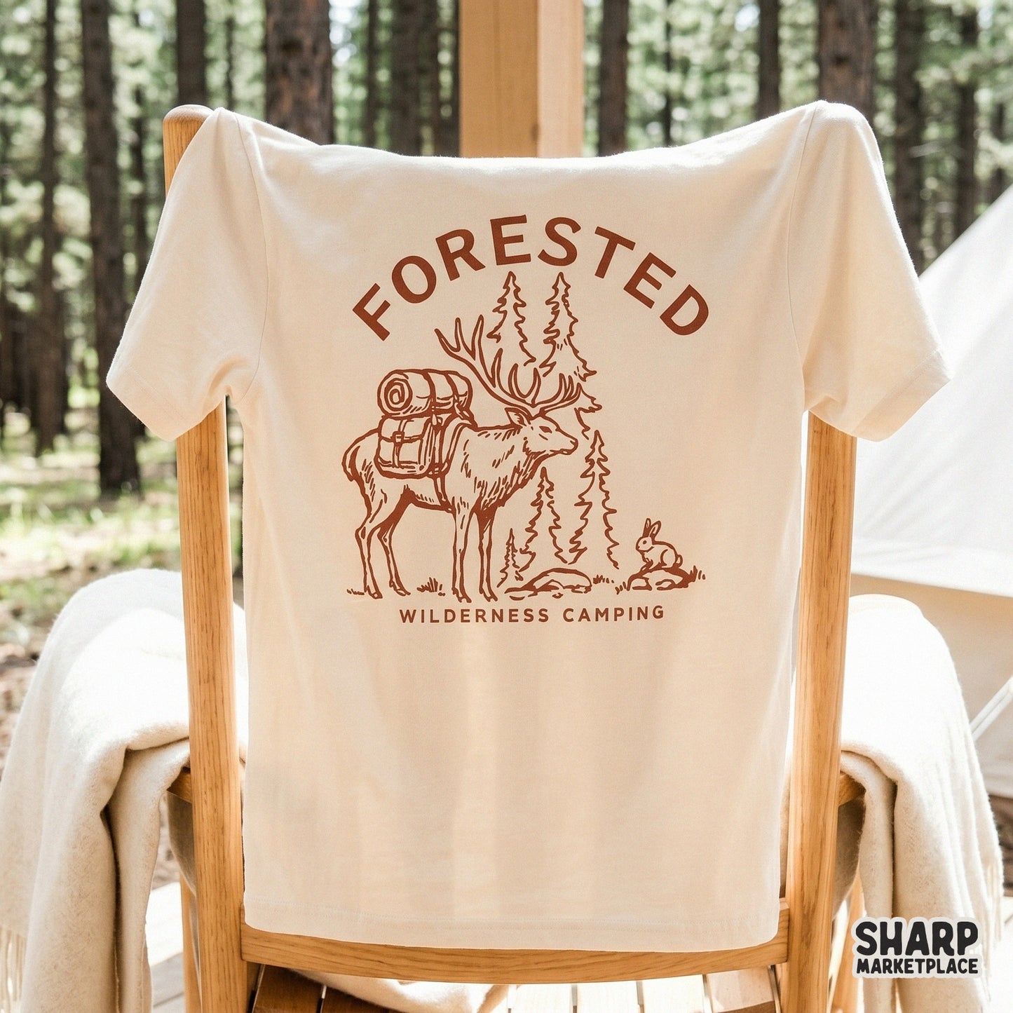 Detailed hand-drawn elk and forest scene with rustic lettering, suitable for creating custom camping gear, tumblers, and rugged outdoor merchandise.