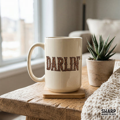 Western themed Darlin lettering with a unique leopard and checkerboard pattern, designed for print-on-demand projects and custom apparel.