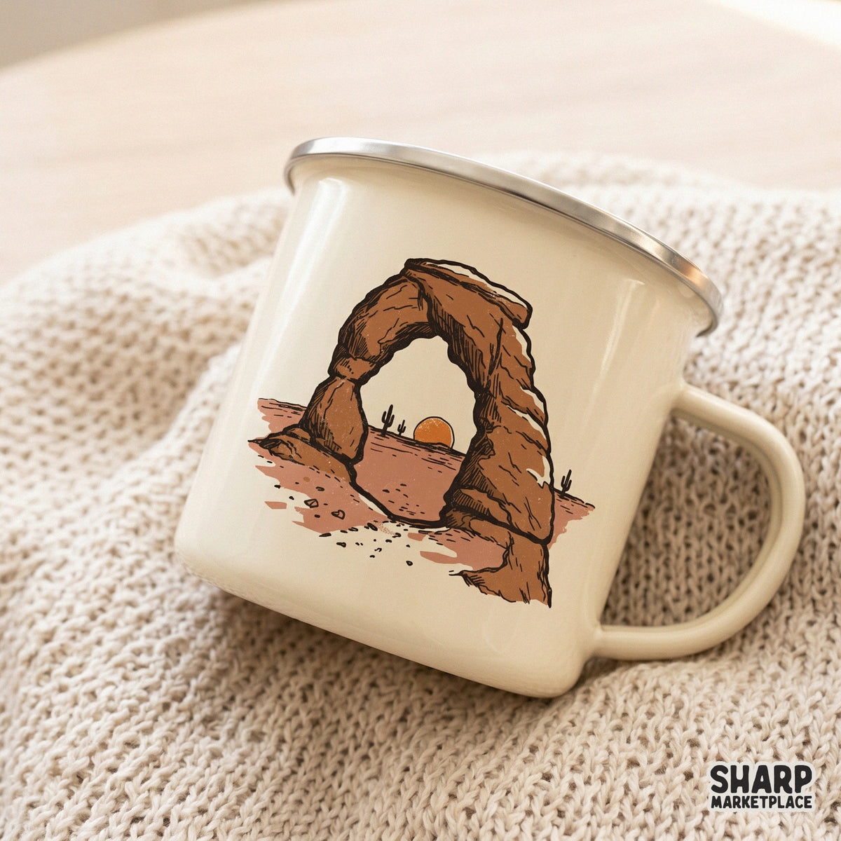 Detailed line art of a desert rock arch and sunset, a versatile digital graphic for custom tumblers, wall art, or trendy southwestern apparel.