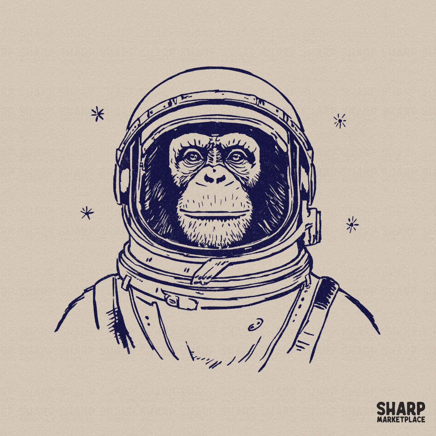Vintage sketch of a chimpanzee wearing an astronaut helmet with minimalist star accents, rendered in deep navy ink for apparel and sublimation projects.