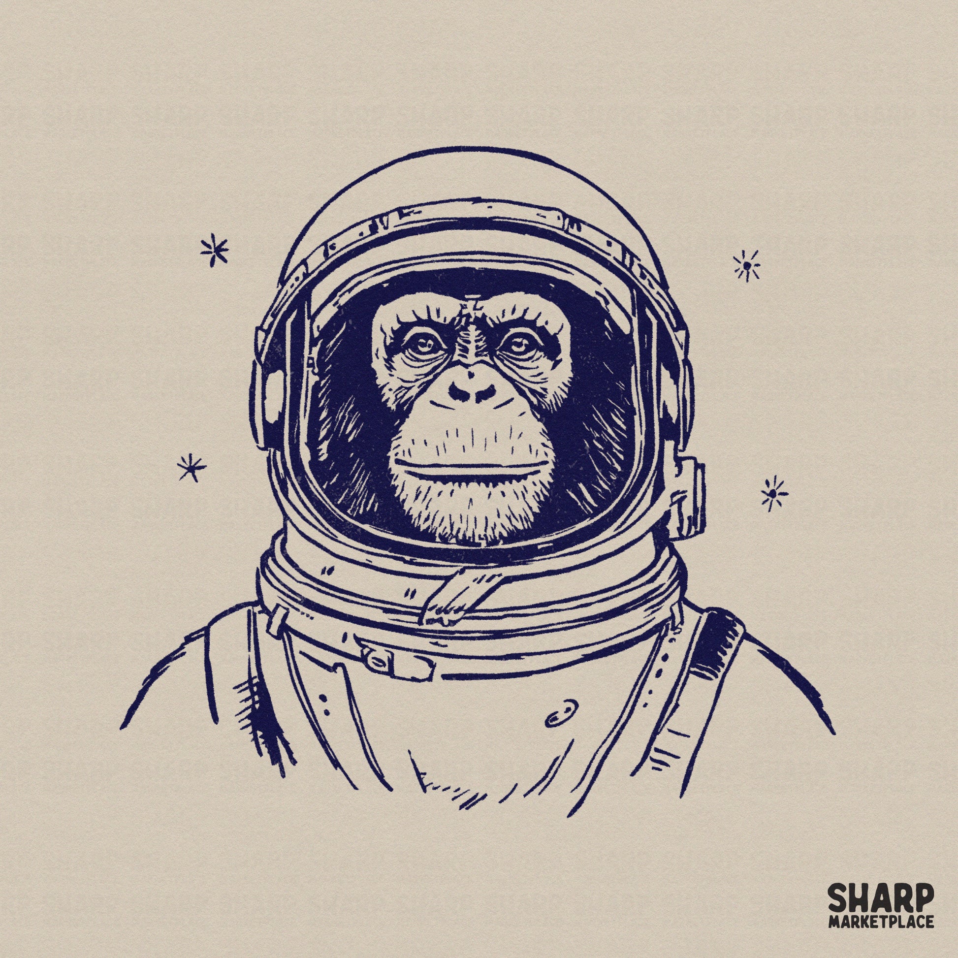 Vintage sketch of a chimpanzee wearing an astronaut helmet with minimalist star accents, rendered in deep navy ink for apparel and sublimation projects.