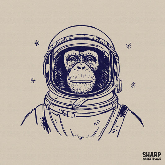Vintage sketch of a chimpanzee wearing an astronaut helmet with minimalist star accents, rendered in deep navy ink for apparel and sublimation projects.