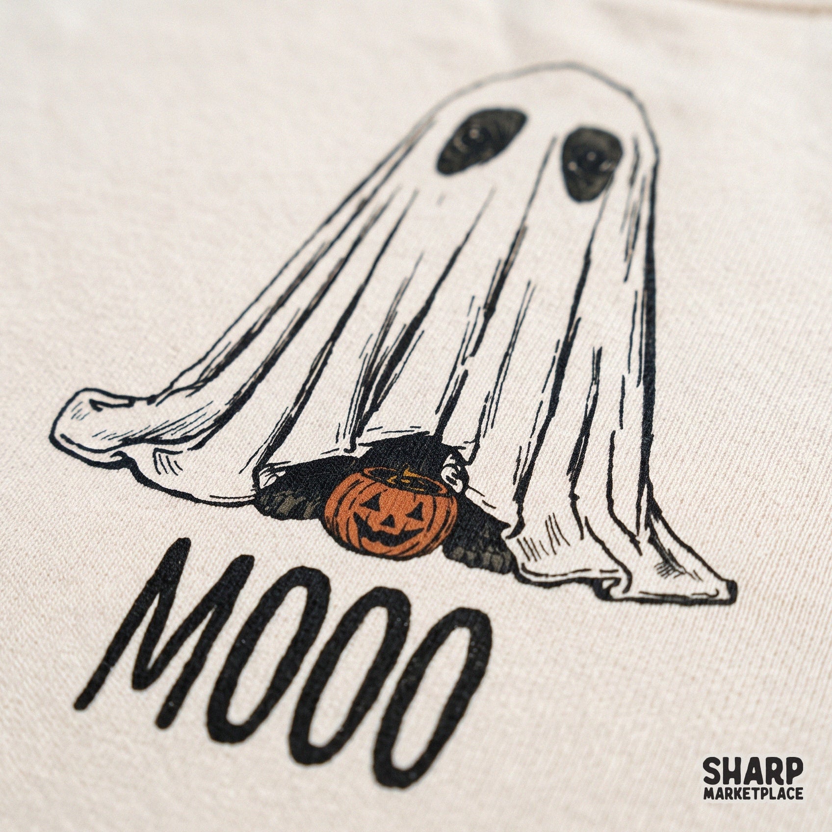 Cute spooky season retro cow png wearing a ghost costume with a pumpkin bucket for sublimation t-shirt designs