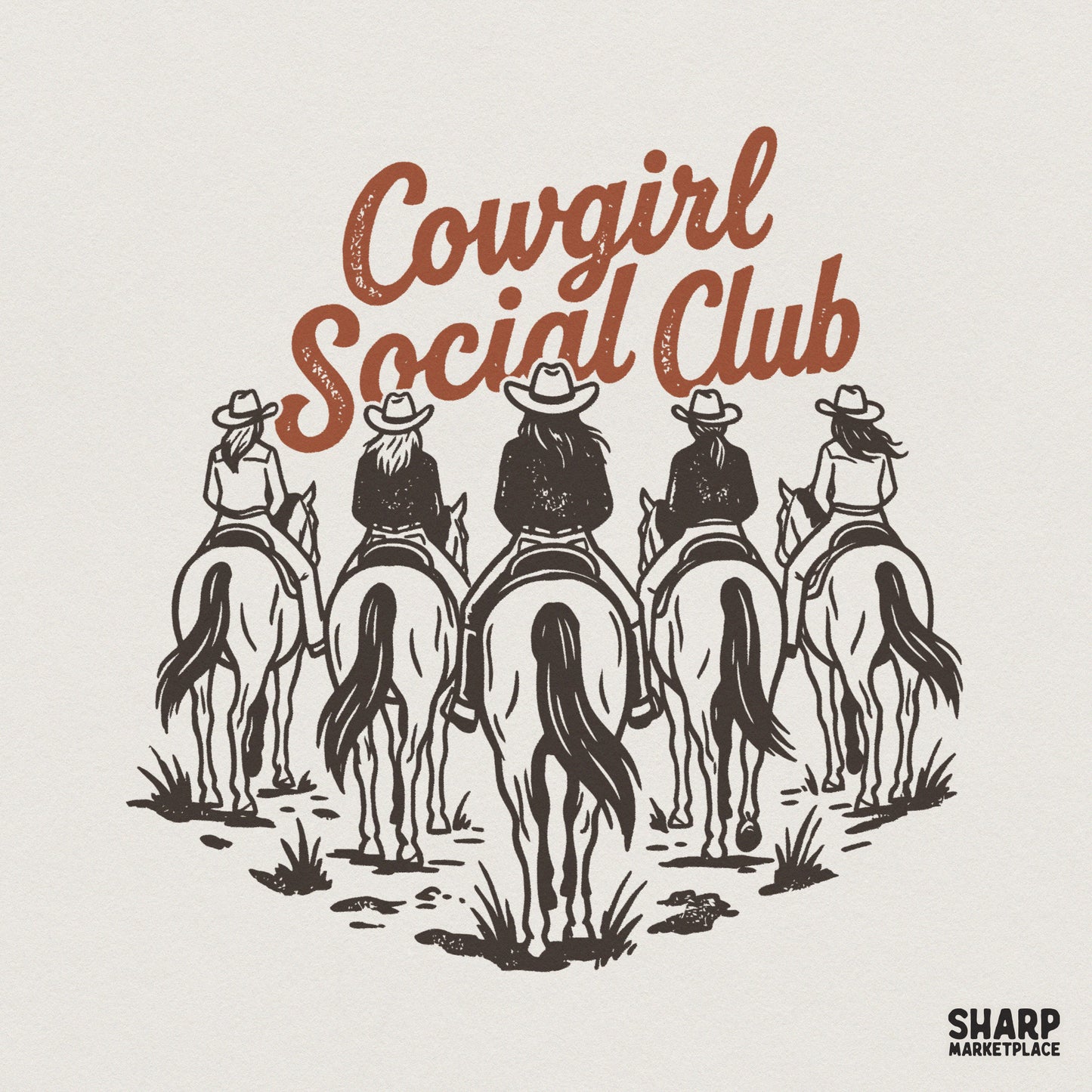 Retro western digital design featuring five cowgirls on horseback with distressed brown script text reading Cowgirl Social Club for apparel printing.