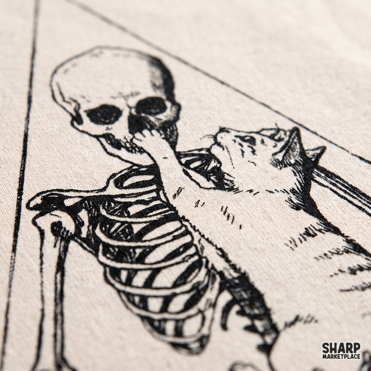 Meditating Skeleton With Cute Cat In Triangle Graphic Tee