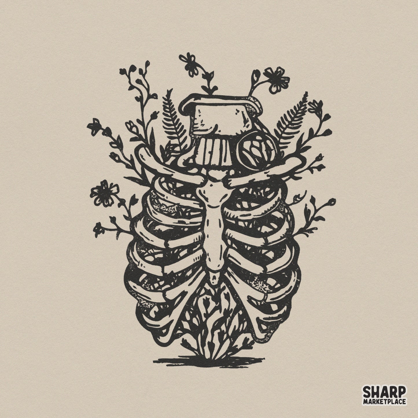 Detailed black ink linocut illustration of a human rib cage blooming with wildflowers and fern leaves for botanical apparel and sticker designs.