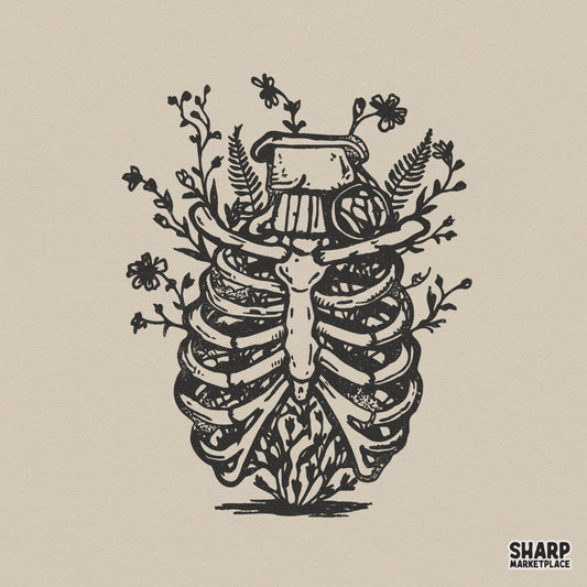 Detailed black ink linocut illustration of a human rib cage blooming with wildflowers and fern leaves for botanical apparel and sticker designs.