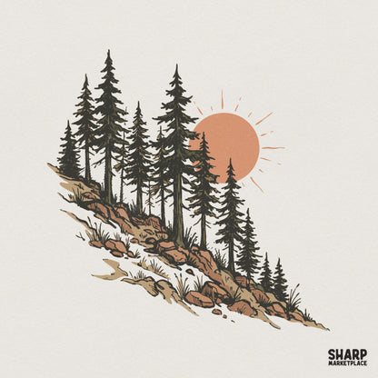 Hand-drawn forest landscape with pine trees on a rocky hillside and a retro orange sun, perfect for nature-themed apparel and sublimation.