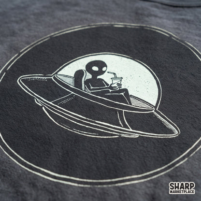 Funny alien in a UFO drinking iced coffee sci-fi space art PNG digital download for shirts and tumblers