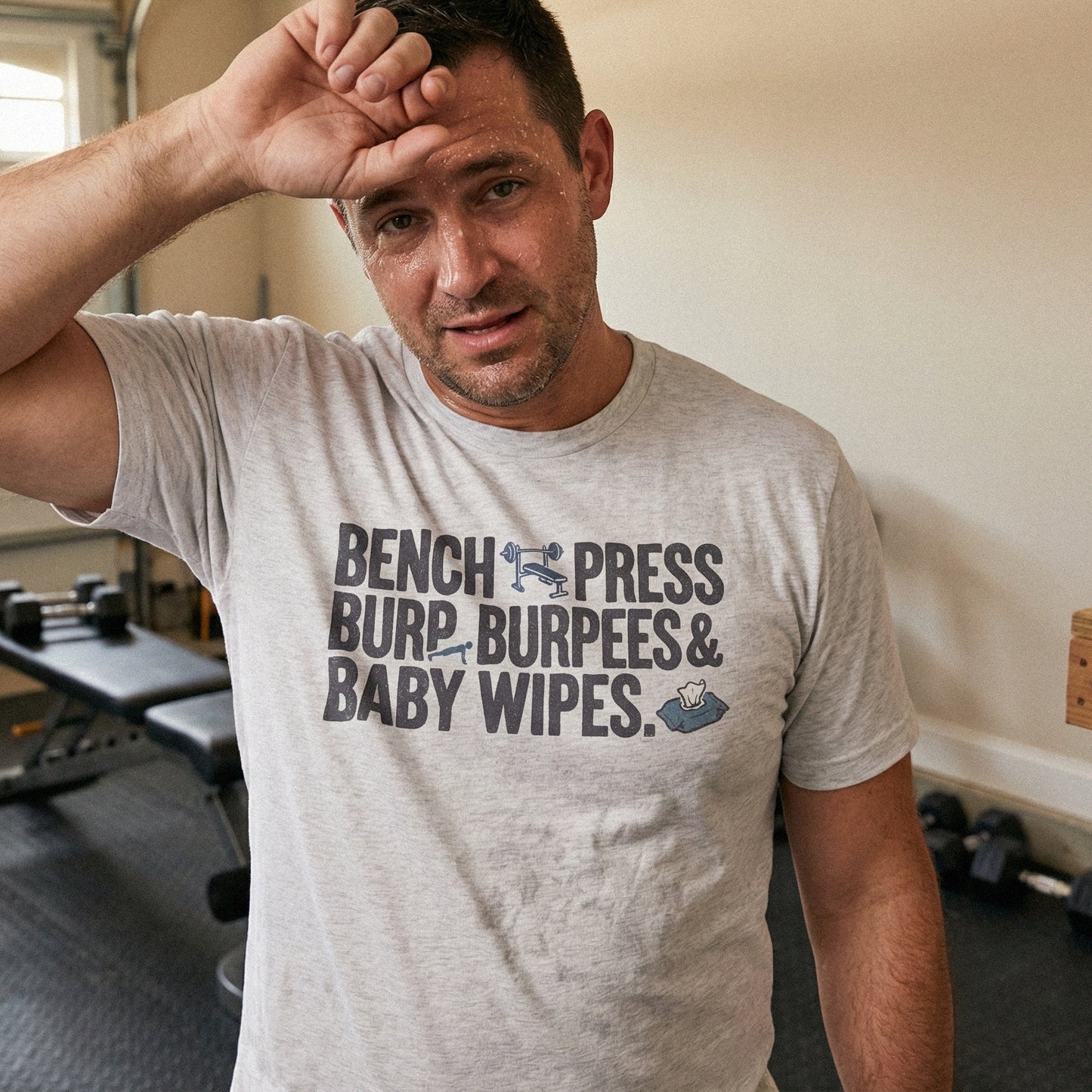 Bench Press Burp Burpees & Baby Wipes PNG, Funny Fitness Dad Shirt - 300