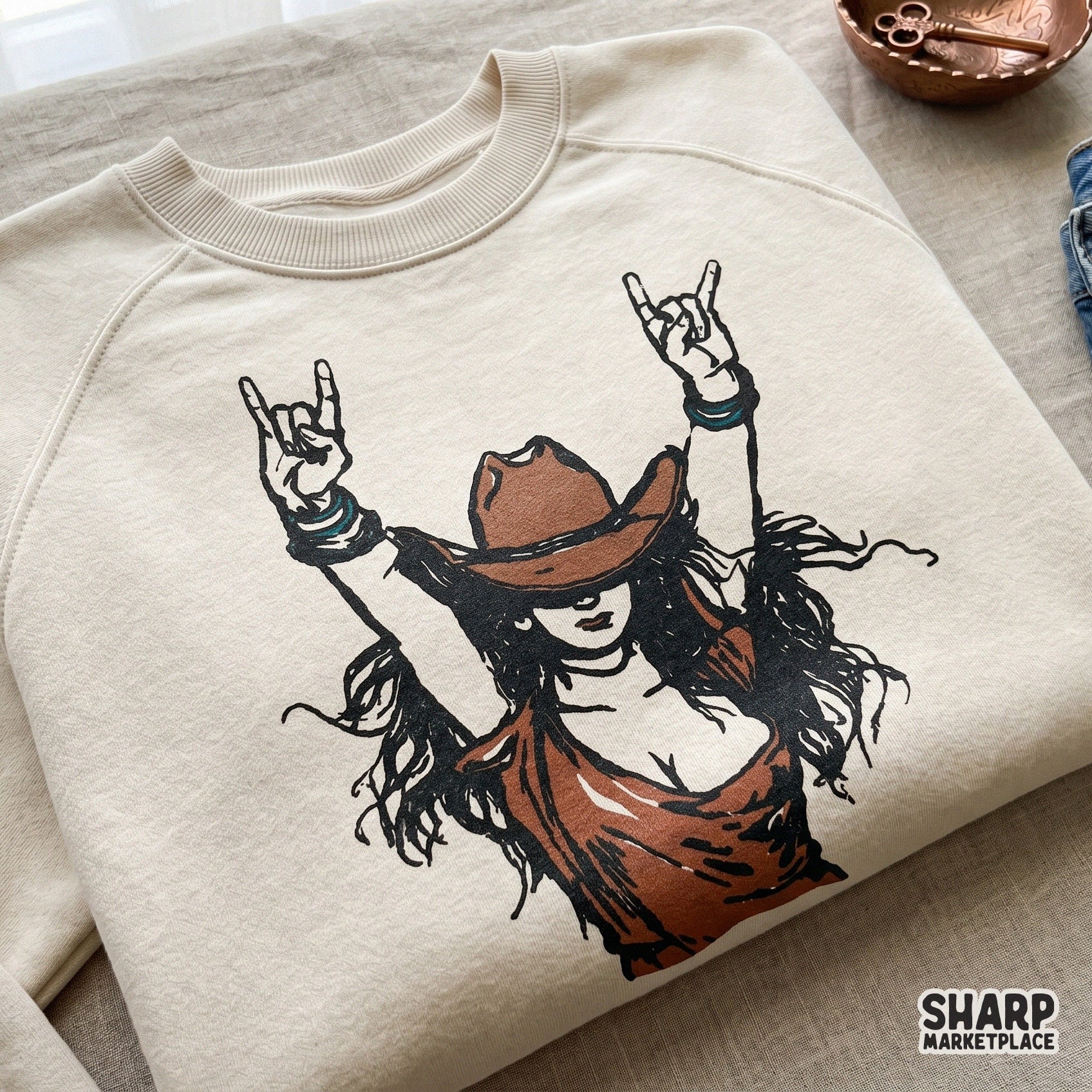 Hand-drawn western cowgirl sublimation design with a rustic aesthetic, ideal for custom t-shirts, stickers, and rodeo-themed DIY craft projects.