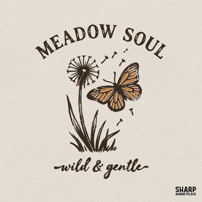 Retro Meadow Soul design featuring a monarch butterfly and dandelion with the text wild and gentle in a vintage sepia color palette.