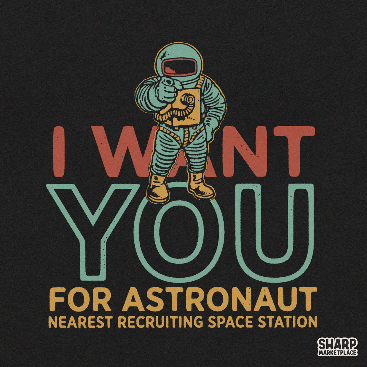 Retro astronaut recruiting poster design with cosmic propaganda theme for sublimation png shirt printing