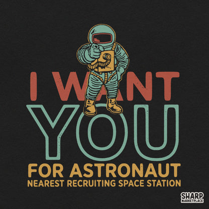 Retro astronaut recruiting poster design with cosmic propaganda theme for sublimation png shirt printing
