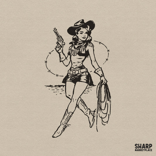 Retro pinup cowgirl illustration featuring a woman with a revolver and lasso, rendered in black ink for western themed sublimation and apparel projects.