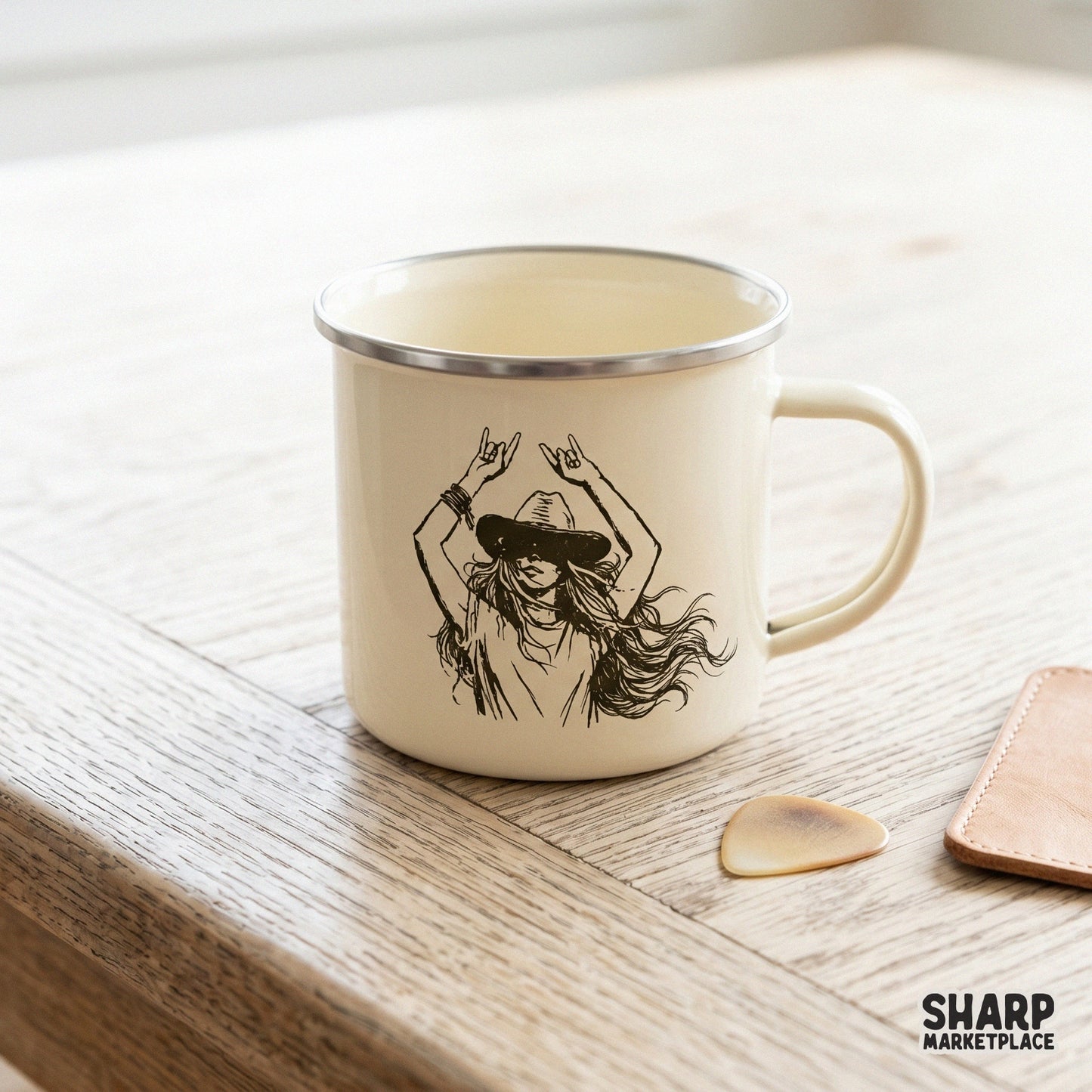 Black and white line art illustration of a carefree cowgirl with flowing hair and rock-and-roll hand gestures, designed for versatile print projects.
