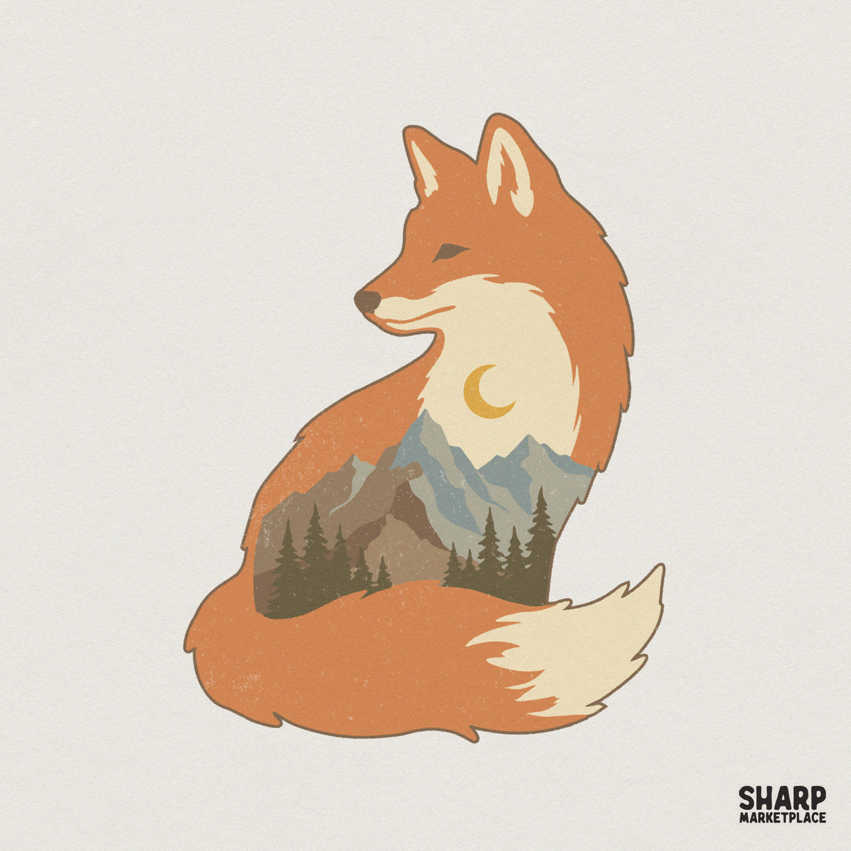Vintage sitting fox silhouette with a double-exposure mountain forest scene, moon, and pine trees in muted orange, blue, and green colors.